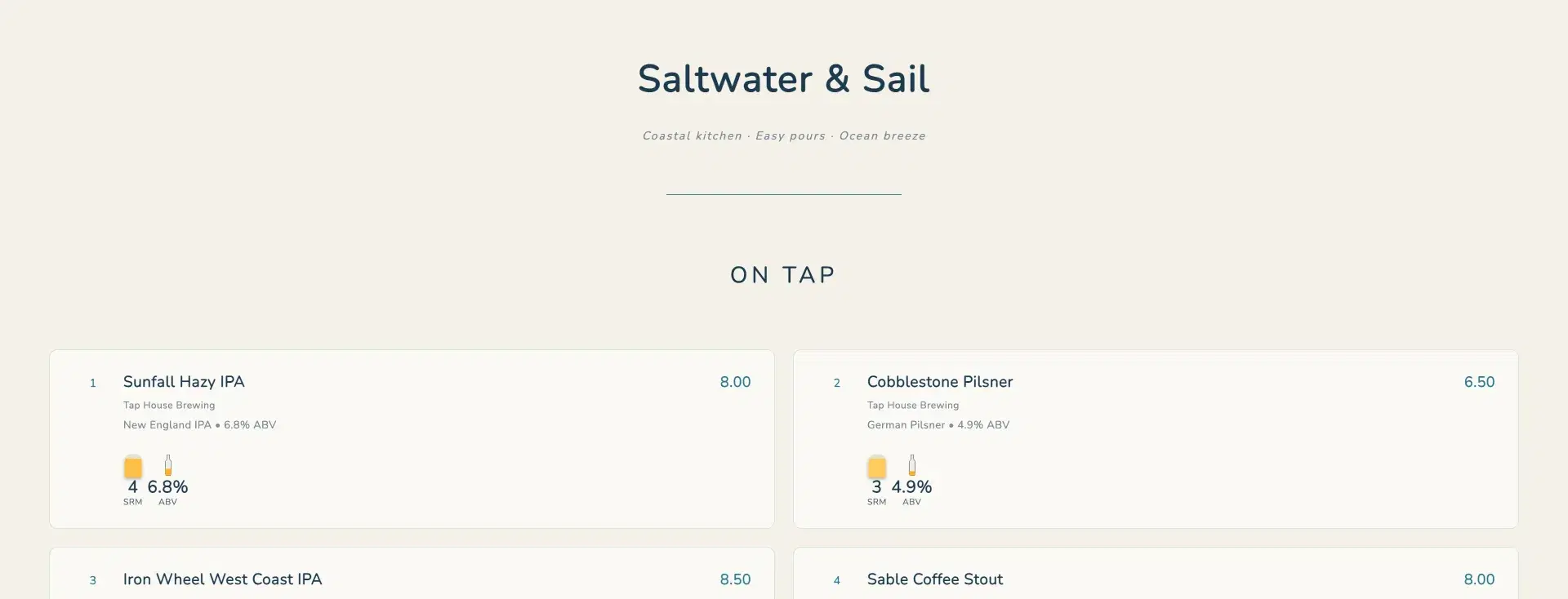 Coastal taplist template with cream and teal beach palette