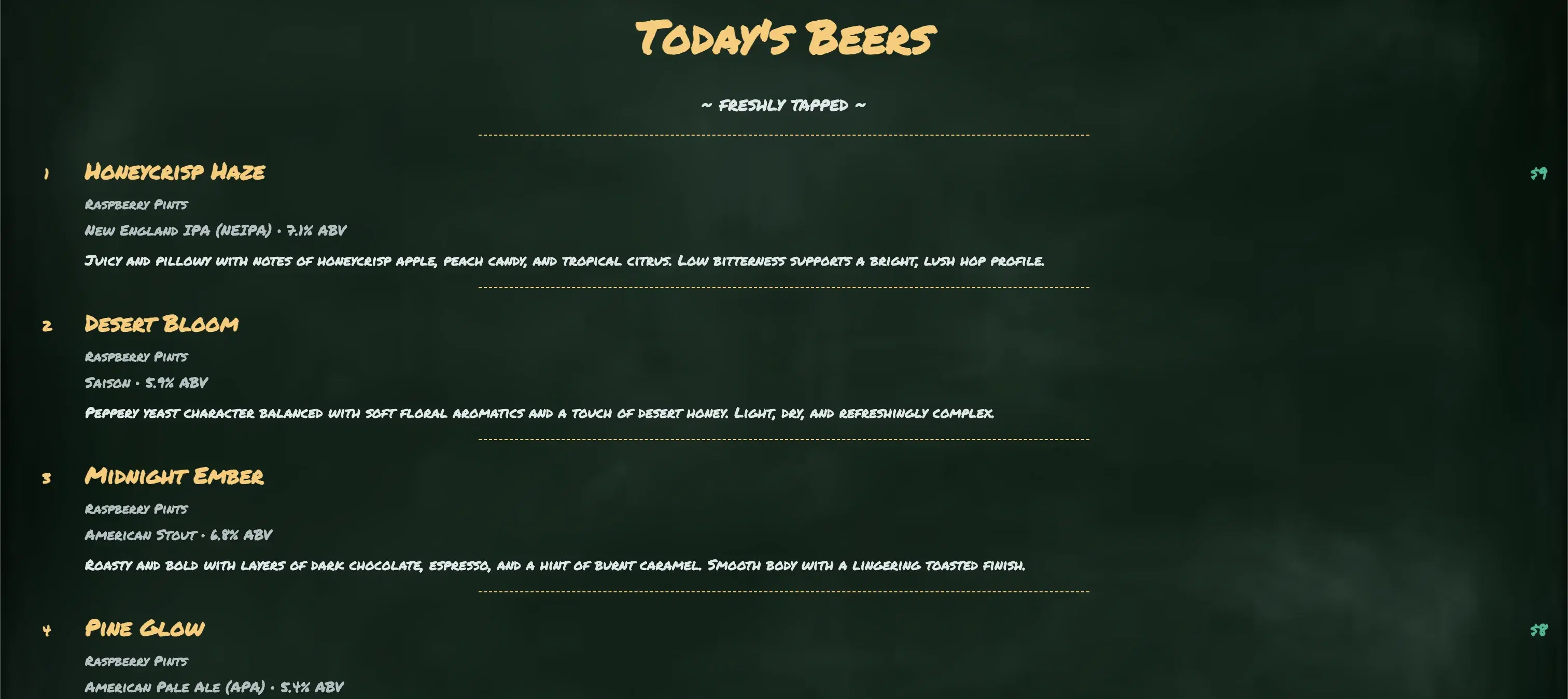 Dark-themed digital taplist with a craft beer menu